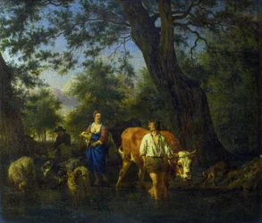 Peasants with Cattle in the Shallow Water of a Stream